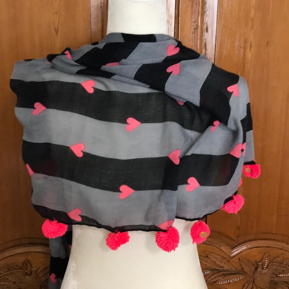 Betsey Johnson Black, Gray, Pink Scarf W/ PomPoms - Picture 2 of 4